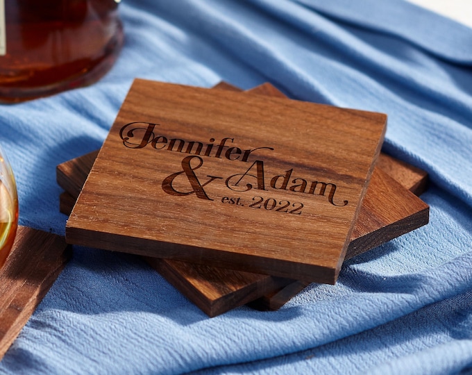 Personalized walnut coasters, housewarming gifts, wedding gifts, custom engraved coasters, gift for the couple, engraved coaster set