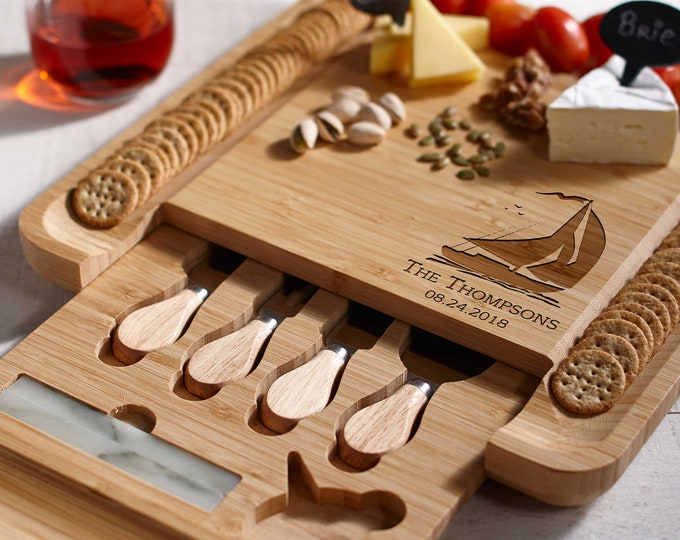 Personalized cheese board set, Custom Charcuterie Board, Engraved cutting board, Coastal Kitchen, Sailor Gift, Captain Gift, Nautical Board