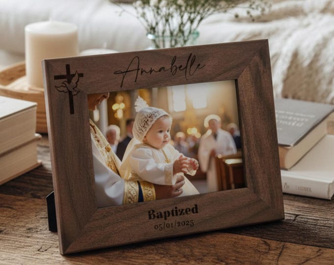 Personalized Baptism Picture Frame, Custom Wooden Photo Frame, Religious Christian Gift, Christening Keepsake for Baby or Godchild