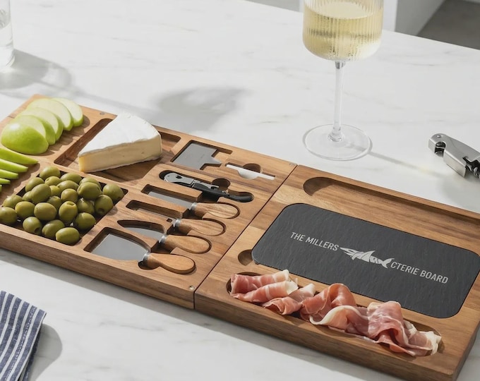Shark Lover Gift | Personalized Charcuterie Board Set & Funny "Shark-Cuterie" Slate Platter
