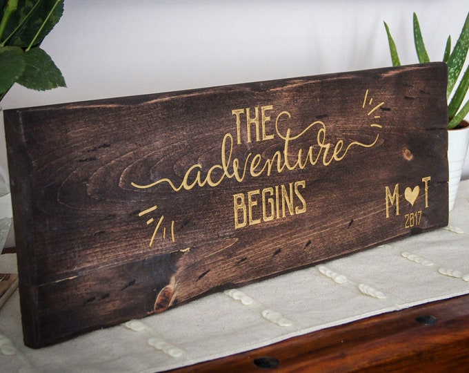 Personalized Rustic Wood Sign, Custom Engraved Wall Sign: The Adventure Begins - Farmhouse Style Decor, Housewarming and Couples Gift