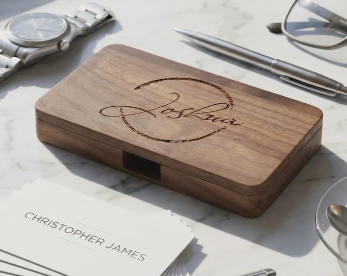 Personalized Walnut Business Card Holder with Magnetic Closure, Custom Engraved Wood Desk Accessory