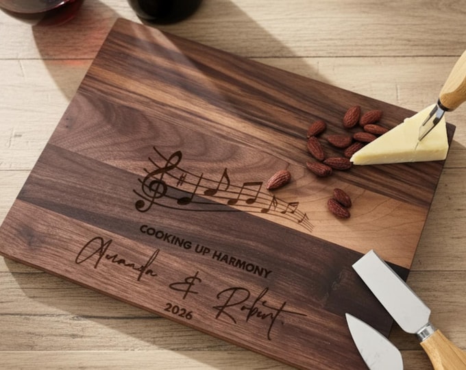 Personalized Cutting Board – Music-Lover Couple: Custom Engraved Charcuterie Board, Musical Note, Engagement, Anniversary, Wedding Gift