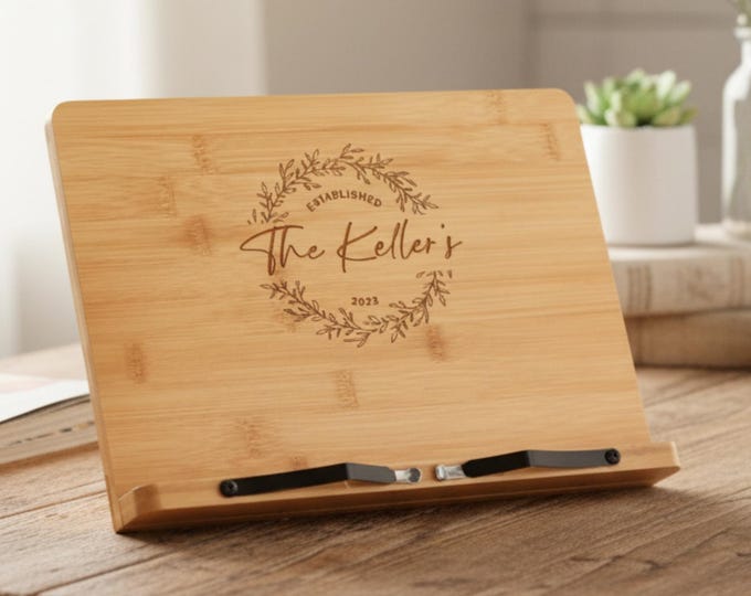 Personalized tablet holder, Recipe holder, iPad stand, Custom cookbook stand,  Customized bamboo stand, engraved iPad holder, Chef easel