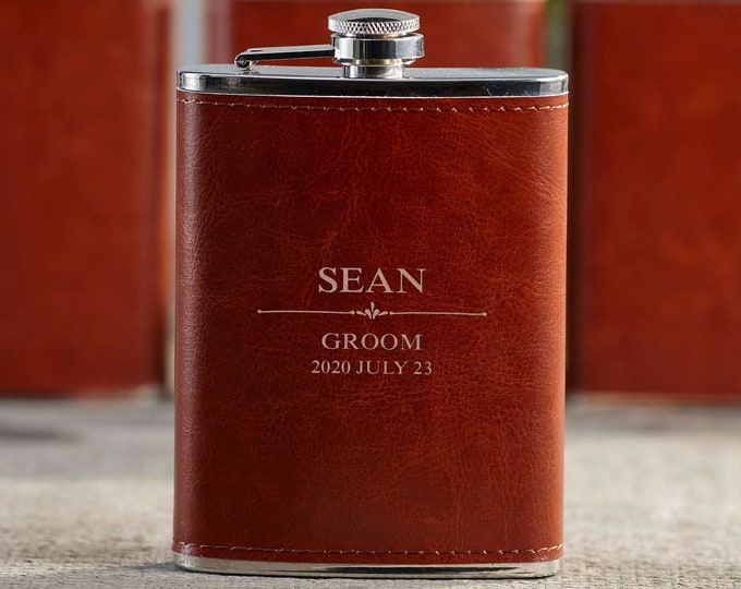 Personalized Set Of 5 Flasks, Groomsmen Wedding Gift, Best Man Leather Flasks, Customized Wedding Flasks, Engraved Leatherette Flasks