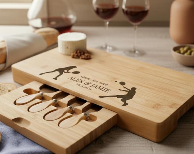 Personalized Tennis Charcuterie Board: Engraved Bamboo Cheese Board Set