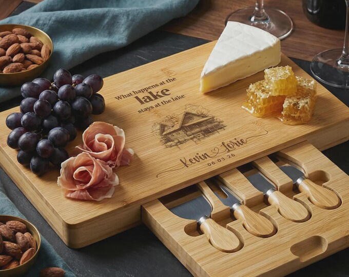 Personalized Bamboo Cheese Board Set | Lake House Gift, Cabin Host Present