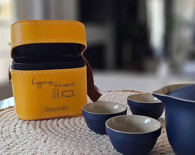Customized Compact Portable Travel Tea Set with Laser Engraved Case - Outdoor - Teapot & 3 Cups - Ideal Gift for Her - Mother's Day