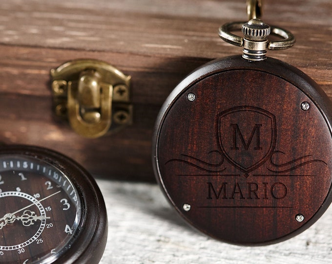 Wooden Personalized Pocket Watch, Custom Walnut Pocket Watch with Chain, Engraved Watch, Father's Day Gift, Gift For Him, Christmas Gift