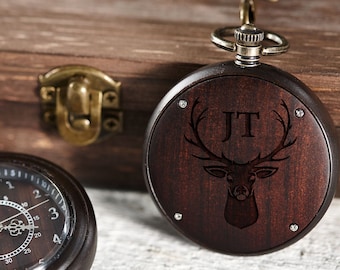 Wooden Personalized Pocket Watch, Custom Walnut Pocket Watch with Chain, Engraved Watch, Father's Day Gift, Gift For Him, Christmas Gift