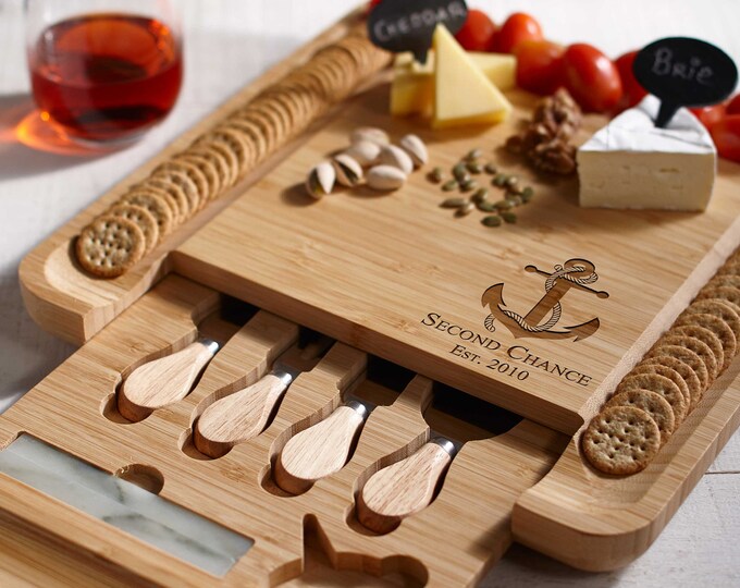 Personalized Cheese Board With Tools: Coastal Decor, Custom Engraved Charcuterie Board, Cutting Board For Wedding, Couple, Christmas gift