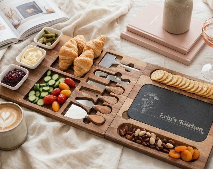 Floral Gift for Mom | Personalized Charcuterie Board Set & "Mom's Kitchen" Slate Platter