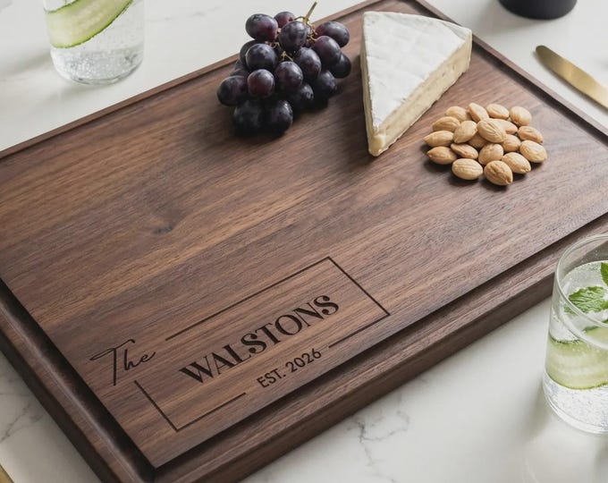 Personalized Cutting Board | Custom Wooden Charcuterie Platter & Modern Family Name Wedding Gift