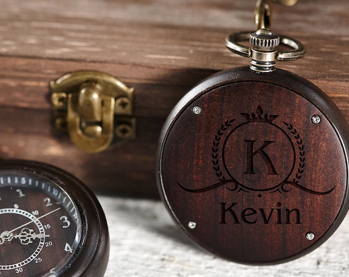 Wooden Personalized Pocket Watch, Custom Walnut Pocket Watch with Chain, Engraved Watch, Father's Day Gift, Gift For Him, Christmas Gift