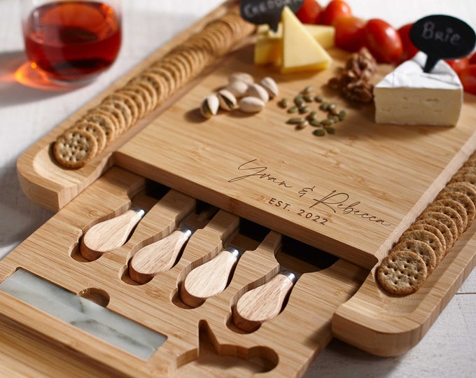 Personalized cheese board set, Custom engraved Charcuterie board set, cutting board for weddings, couples, Housewarming and Christmas gifts