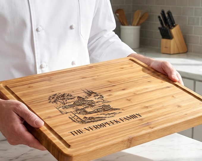 Personalized 1 Inch Thick Bamboo Butcher Block, Custom Engraved Farmhouse Cutting Board
