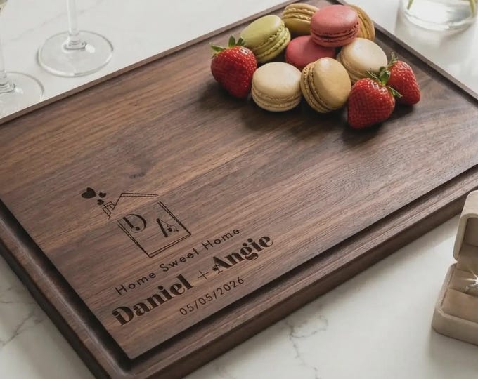 Housewarming Gift for Couple | Personalized Cutting Board & "Home Sweet Home" Wooden Platter