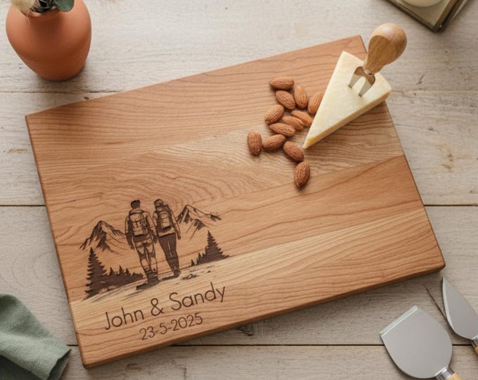 Personalized Cutting Board – Hiking Couple: Custom Engraved Charcuterie Board, Gift For Hikers & Nature Lovers – Housewarming, Hosting Gift
