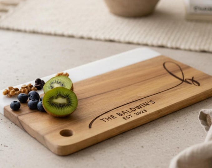 Monogrammed Wood and Marble Charcuterie Board: Custom Engraved Gift For The Couple