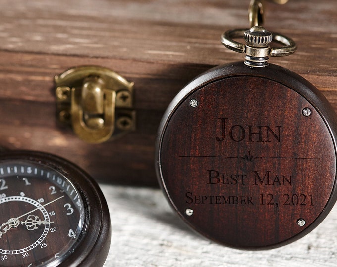Wooden Personalized Pocket Watch, Custom Walnut Pocket Watch with Chain, Engraved Watch, Father's Day Gift, Gift For Him, Christmas Gift