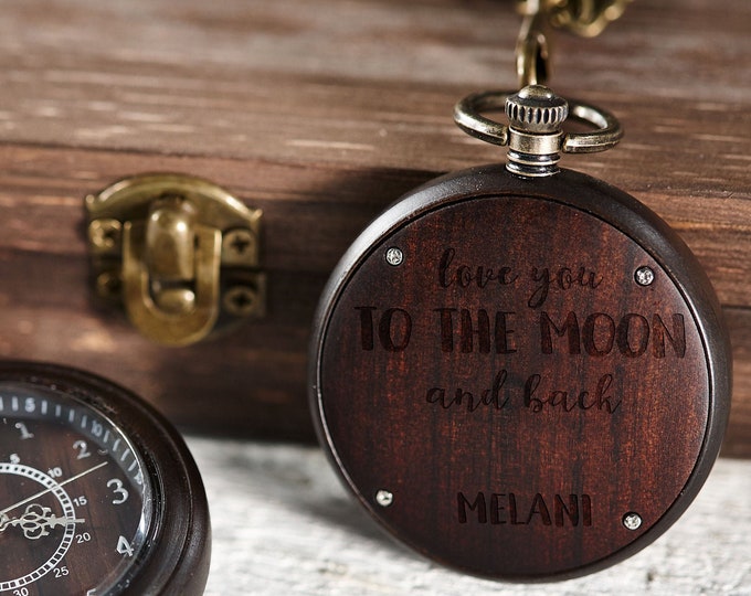 Wooden Personalized Pocket Watch, Custom Walnut Pocket Watch with Chain, Engraved Watch, Father's Day Gift, Gift For Him, Christmas Gift