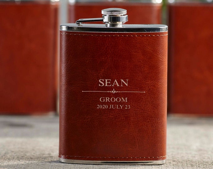 Personalized Set Of 8 Flasks, Groomsmen Wedding Gift, Best Man Leather Flasks, Customized Wedding Flasks, Engraved Leatherette Flasks