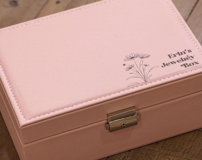 Personalized Faux Leather Jewelry Box: Flower Themed, Custom Engraved Jewelry Organizer - Mother's Day, Daughter, Wife, Grandma Gift