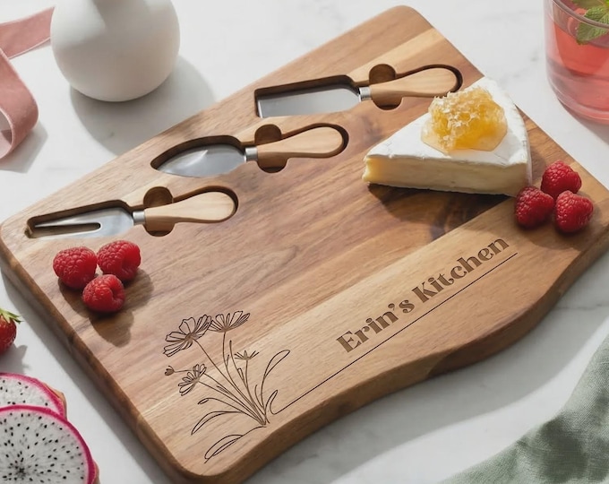 Personalized Acacia Charcuterie Board with Knife Set, Wildflower Engraved Cheese Board, Gift for Mom