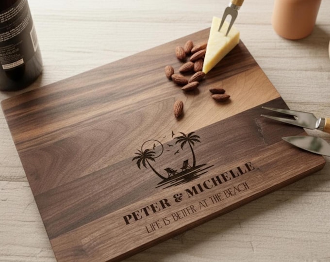 Personalized cutting board, Retirement Gifts: Custom Engraved Charcuterie Board, Gift for the couple, Beach, Palm Trees for Retirement