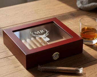 Personalized Cigar Humidor, Engraved Glass Top Cigar Box, Custom Humidor Gift Set, Monogramed Cigar Humidor, Cigar Holder Box, Cigar Kit