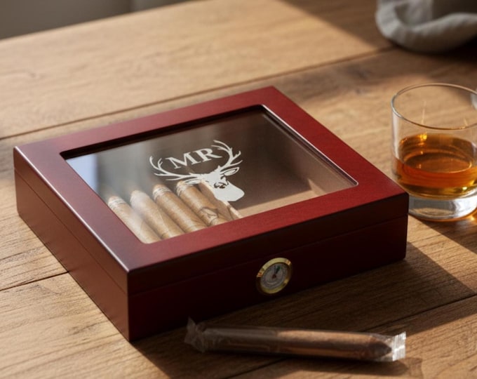 Personalized Cigar Humidor, Engraved Glass Top Cigar Box, Custom Humidor Gift Set, Monogramed Cigar Humidor, Cigar Holder Box, Cigar Kit