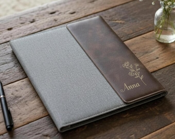 Personalized Leather Portfolio - Custom Engraved Notepad: Floral Theme, Professionals, Graduation, Boss, Teacher, Coworker, Business Gift