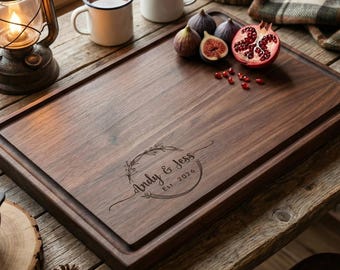 Personalized Wood Cutting Board in Walnut or Cherry, Custom Engraved Wedding Gift for Couples