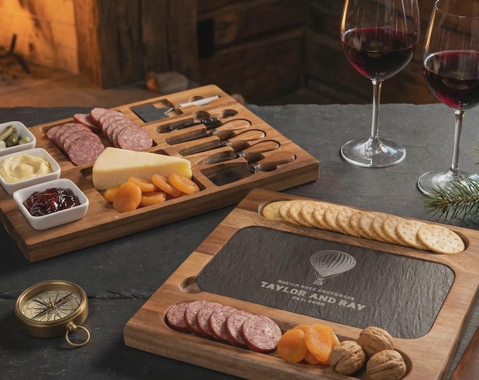 Travel Couple Gift | Personalized Charcuterie Board Set & "Never Stop Exploring" Slate Platter