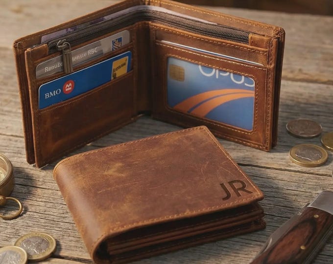 Personalized Distressed Cowhide Leather Men's Wallet – Custom Engraved Crazy Horse Wallet for Father’s Day, Graduation and Valentine’s Gifts
