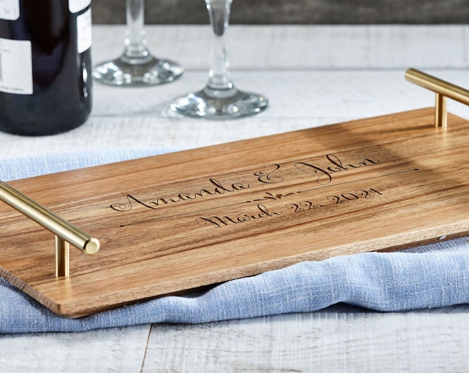 Personalized serving Tray, Custom serving tray, wedding gifts, Acacia wood tray,  Golden handle tray, Housewarming gifts