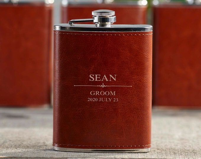 Personalized Set Of 6 Flasks, Groomsmen Wedding Gift, Best Man Leather Flasks, Customized Wedding Flasks, Engraved Leatherette Flasks