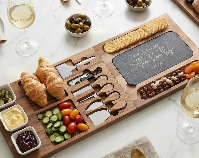Personalized Charcuterie Board Set & Expandable Slate Cheese Platter | Family Name Wedding Gift