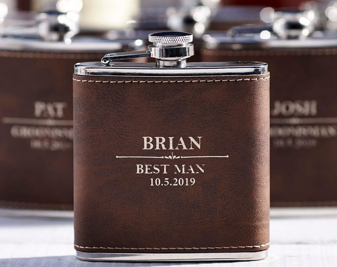 Personalized Set Of 12 Flasks, Groomsmen Wedding Gift, Best Man Leather Flasks, Customized Wedding Flasks, Engraved Leatherette Flasks