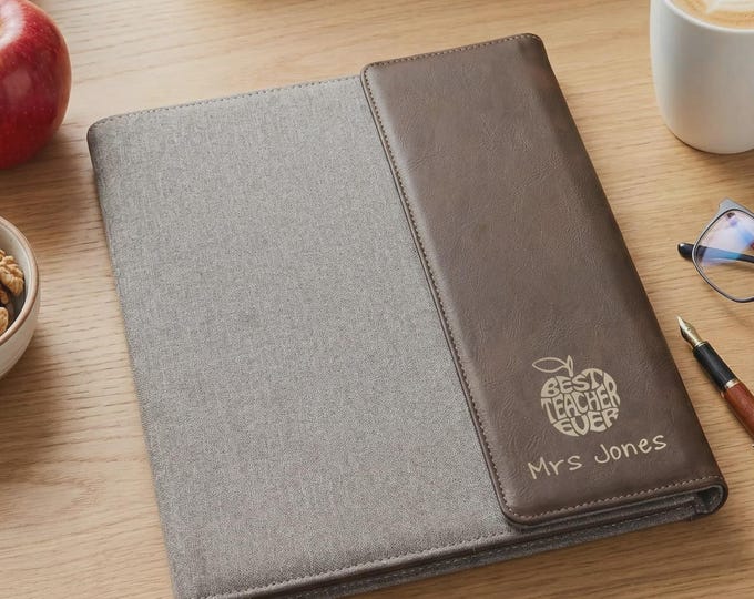 Personalized Teacher Gift | Engraved Faux Leather Portfolio & "Best Teacher Ever" Notebook