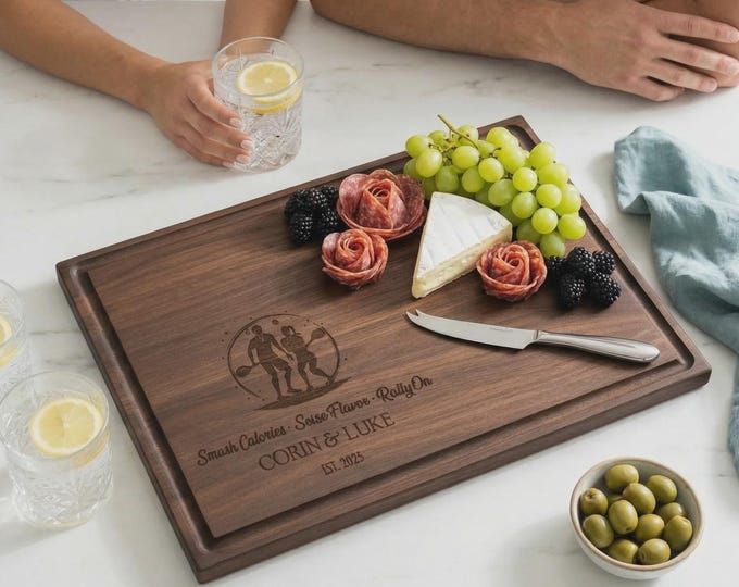 Personalized Pickleball Cutting Board – Custom Engraved Charcuterie Board in Walnut or Cherry, Pickleball Gift for Couples
