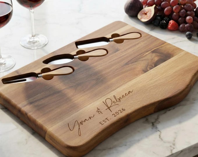 Wedding Gift for Couple | Personalized Charcuterie Board & Acacia Cheese Set with Knives