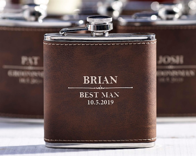 Personalized Set Of 7 Flasks, Groomsmen Wedding Gift, Best Man Leather Flasks, Customized Wedding Flasks, Engraved Leatherette Flasks