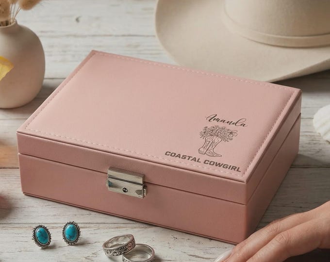 Personalized Coastal Cowgirl Jewelry Box, Custom Pink Vegan Leather Organizer, Western Aesthetic Trinket Case