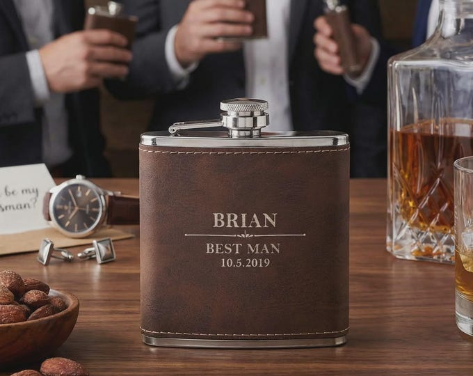 Personalized Set Of 6 Flasks, Groomsmen Wedding Gift, Best Man Leather Flasks, Customized Wedding Flasks, Engraved Leatherette Flasks