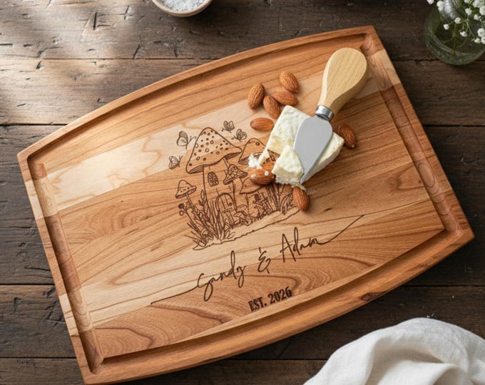 Personalized Cutting Board – Mushroom Couple: Custom Charcuterie Board | Whimsical Mushrooms Design, Wedding, Housewarming, Engagement Gift