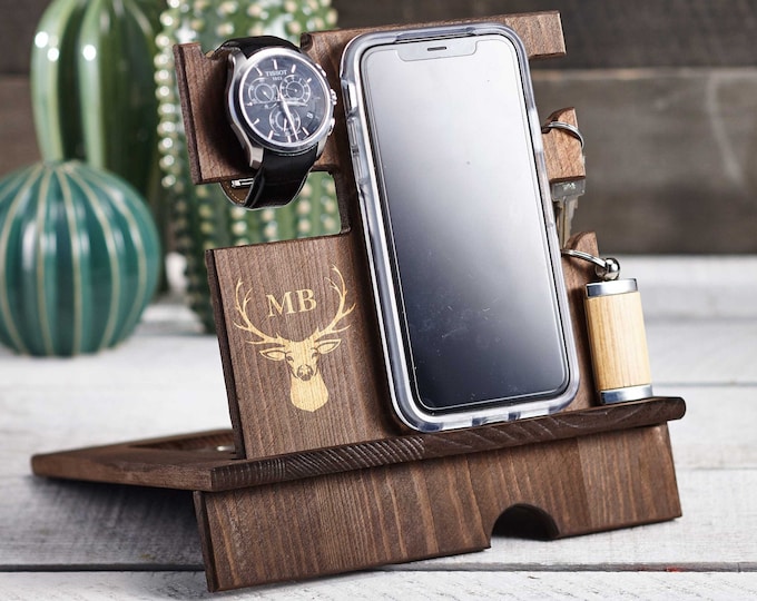 Personalize wood  phone stand, Custom watch stand, Personalize wood organizer, Wood Docking Station, Gift for him, Organizer station