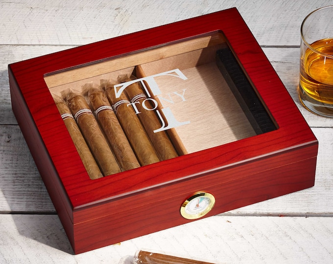 Personalized Cigar Humidor, Engraved Glass Top Cigar Box, Custom Humidor Gift Set, Monogramed Cigar Humidor, Cigar Holder Box, Cigar Kit