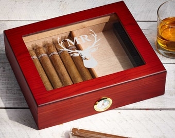 Humidor de cigare personnalisé, boîte de cigares en verre gravé, ensemble cadeau Humidor personnalisé, humidor de cigare monogramé, boîte de porte de cigare, kit de cigare