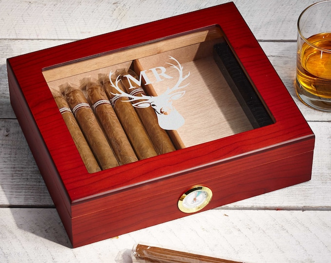 Personalized Cigar Humidor, Engraved Glass Top Cigar Box, Custom Humidor Gift Set, Monogramed Cigar Humidor, Cigar Holder Box, Cigar Kit